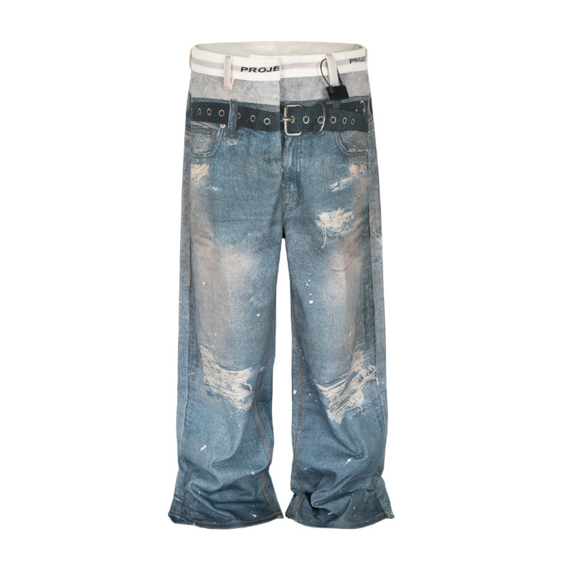 Double-Waist Fake Two-Piece Prank Underwear 3D Printed Distressed Washed Style Jeans Unisex Long Pants