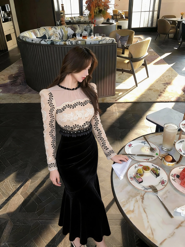 Đầm ôm body nữ phong cách Pháp cổ tròn đính đá, tay lưới xuyên thấu, dáng dài — đen chi tiết 5