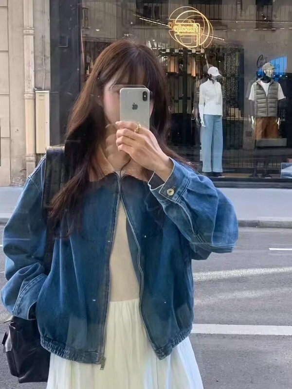 现h韩国东大门2025新款秋objet时尚休闲拉链翻领夹克牛仔外套女|undefined