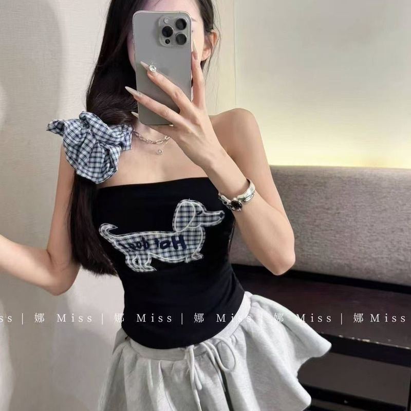 小狗刺绣吊带背心女夏辣妹一字肩抹胸衣带胸垫裹胸外穿绝美上衣|undefined