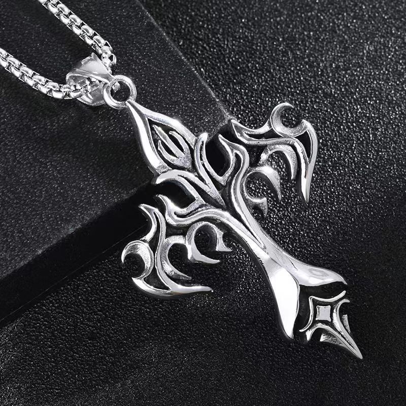 34g Weight Alloy Pendant Material Punk Modern Style Cross Flame Stainless Steel Alloy Plating Men's Long Necklace