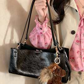 南枫百搭复古暖手可可托特包包女款黑色质感通勤单肩包手提斜挎包