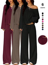 R 70405 One Shoulder Long Sleeve Top Wide Leg Pants Set ¶��
