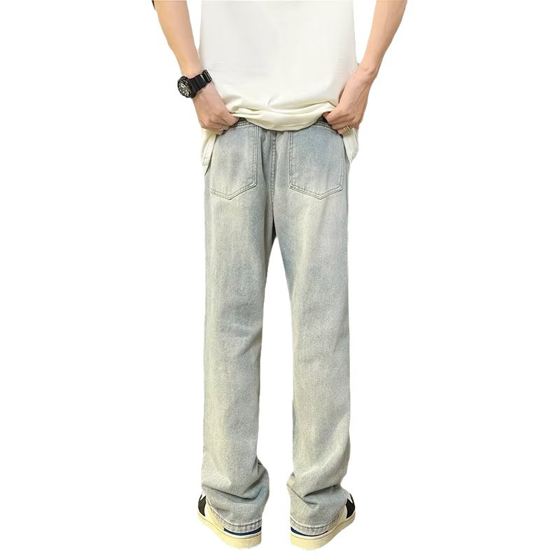 Vaqueros americanos, pantalones teñidos de barro amarillo de seda de hielo viejos lavados de verano para hombres, pantalones rectos sueltos de la marca de moda de la calle principal