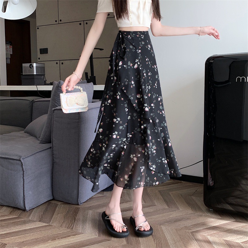 実拍多種類の花柄のハスの葉の辺のシフォンの半身のスカートの女性の夏の新型のワンピースのエプロンはアンドロメダのスカートを防ぎます。