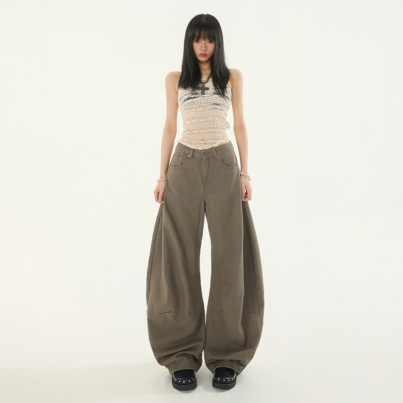 Orange Silk Women's Wear# American Style High Street Wide Leg Machete Casual Pants Simple Dape Men's and Women's Profile Tooling Jeans Trendy