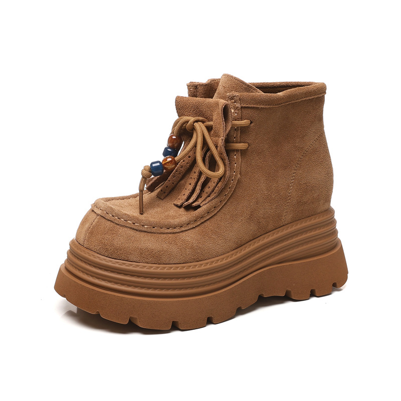 Boot nữ cổ ngắn tăng chiều cao đế dày phong cách Anh — nâu