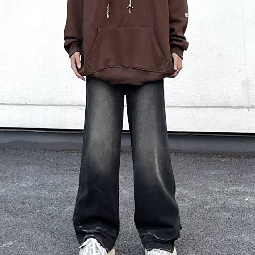 Moda retro 2024 primavera y otoño jeans estadounidenses hombres lavados y viejos jeans rectos sueltos de calle alta