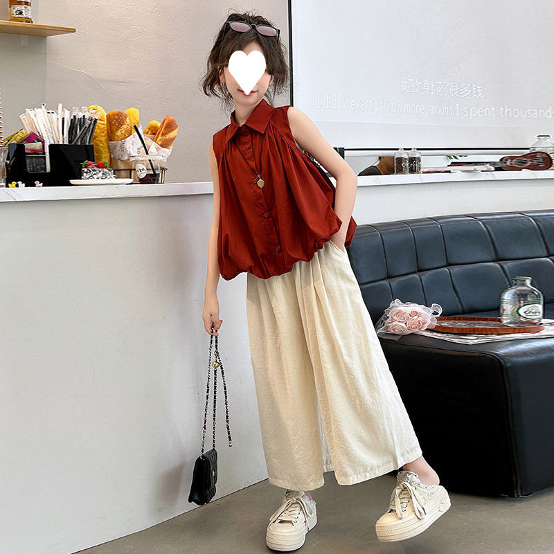 女童夏装套装2025新款洋气大童女孩无袖衬衫领背心阔腿裤两件套潮