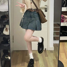 复古设计感百褶牛仔短裙女2025夏季新款高腰胖mm显瘦纯欲风半身裙