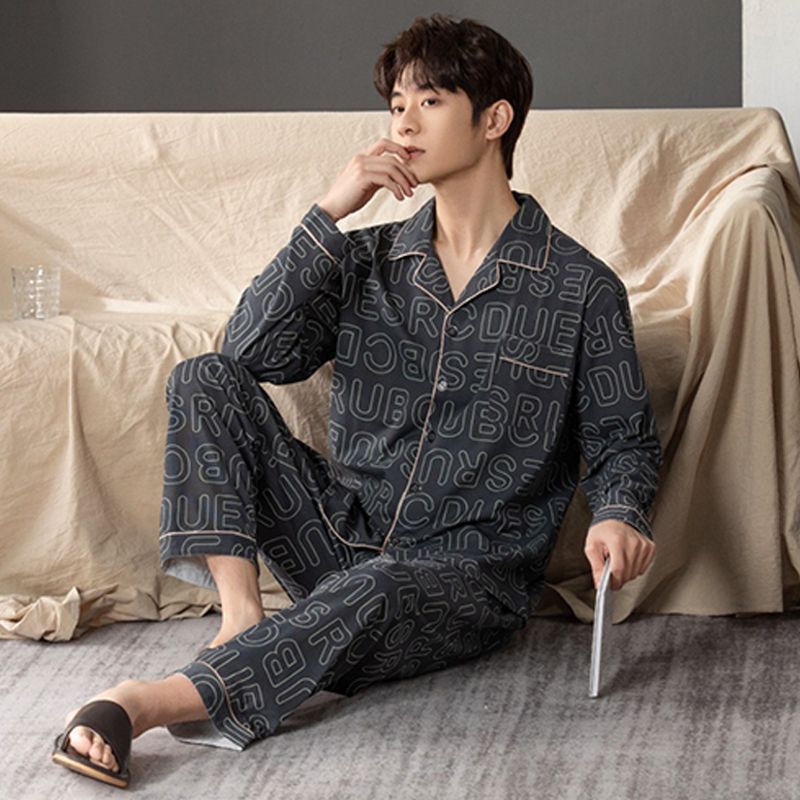 Pijamas de algodón de los hombres de primavera y verano Pantalones delgados de manga corta cardigan niños pueden usar fuera más tamaño homewear de verano