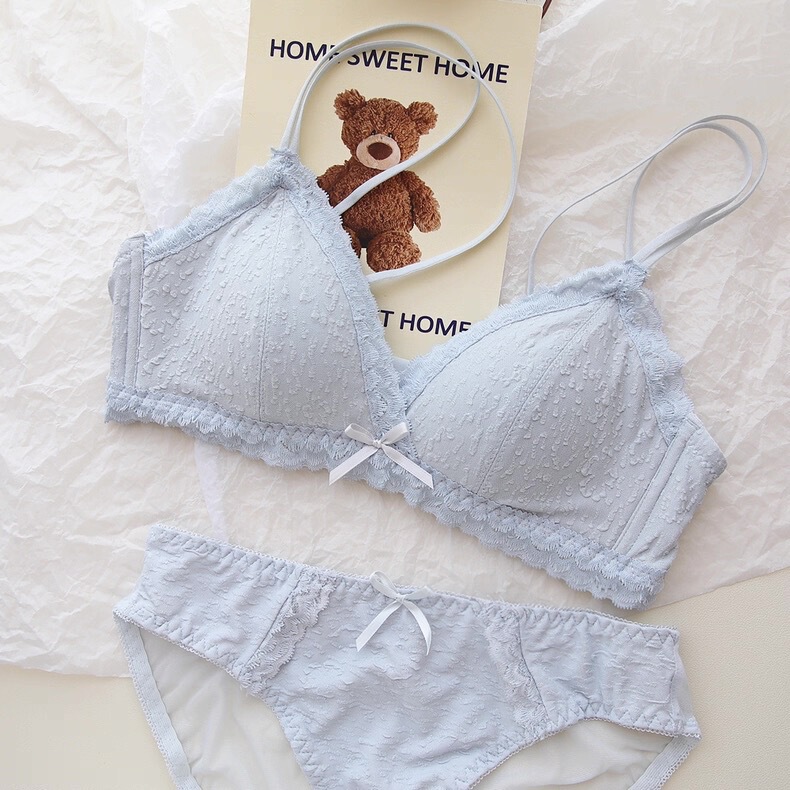 Snow Cake Texture ~ Japanese Style Thin Cup Double Shoulder Strap Bra for Women with Small Bust, Push-Up, Sexy, Wireless Bra Set
