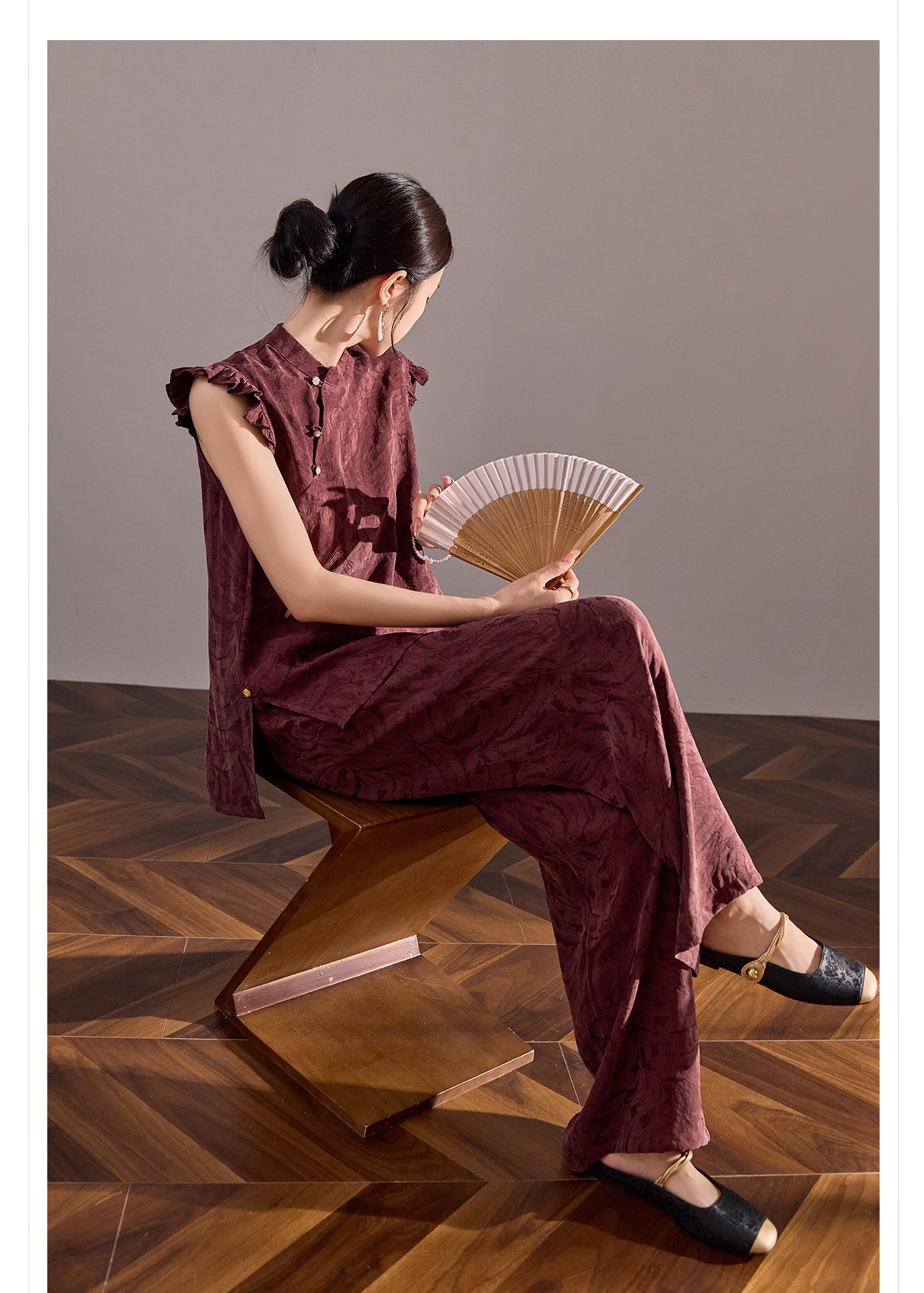 Bộ yếm quần ống rộng in họa tiết phong cách dân tộc Trung Quốc mới mùa hè — áo lạc đà, quần lạc đà chi tiết 7