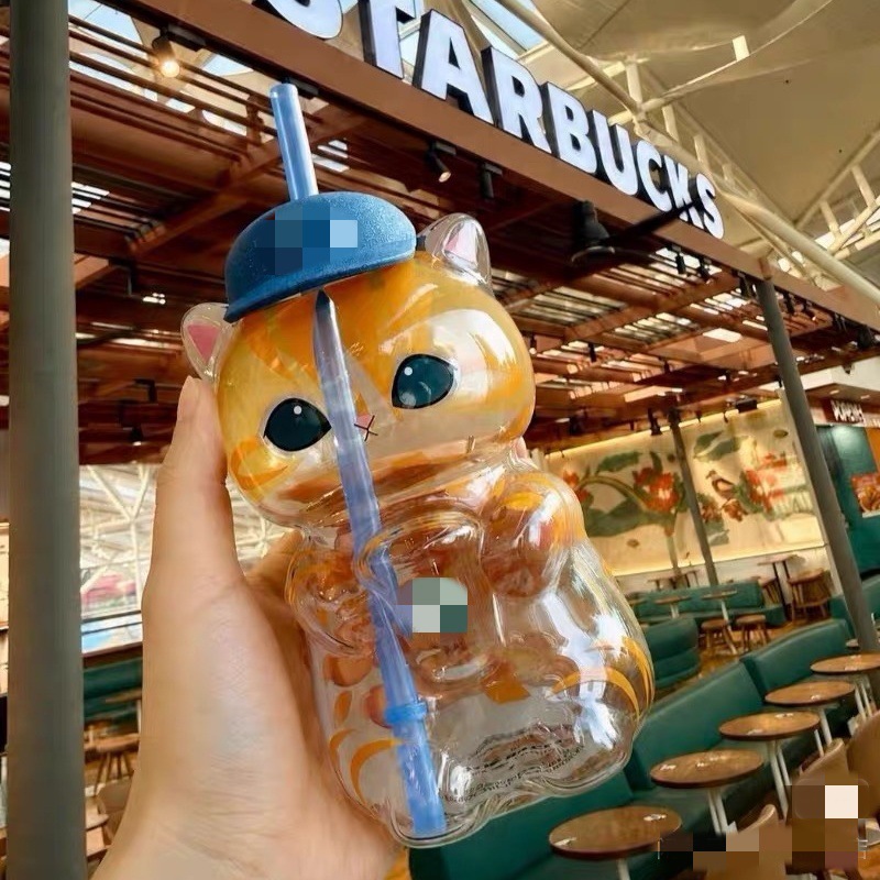 A Cross-Border Japanese Orange Cat Mofusand Shark Cat Cartoon Cat Fushandi High Borosilicate Glass Cup with Straw