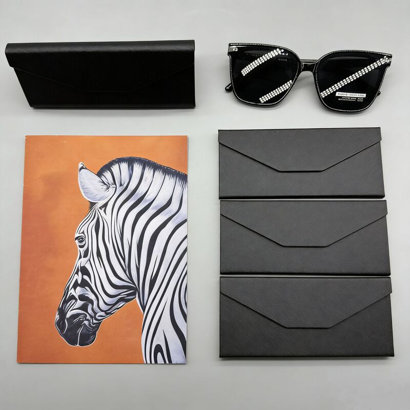 Cross-Pattern Fashion Black Leather Folding Triangular Glasses Case Portable Anti-Pressure Sunglasses Storage Box for Men and Women, Customizable