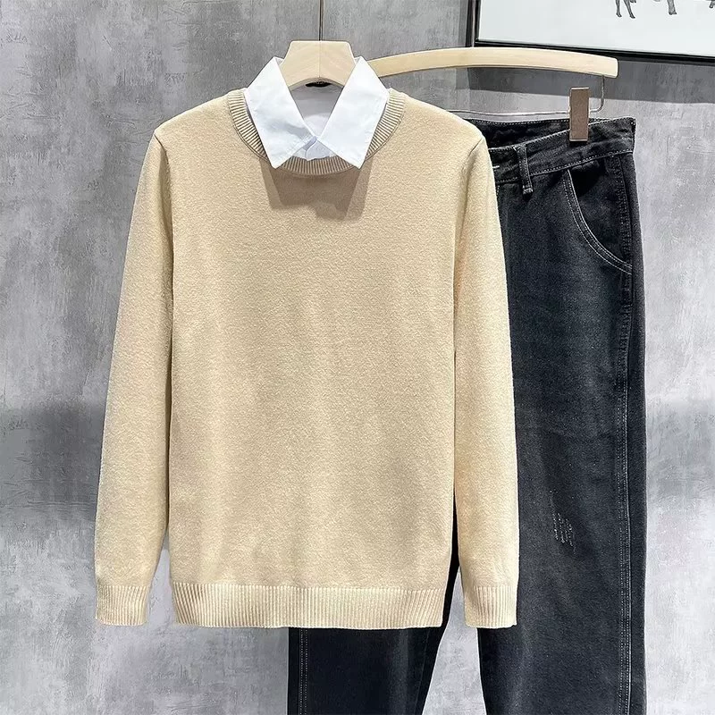 Осенний и зимний сплошной свитер с круглым вырезом мужской корейский тонкий рукав японский сплошной цвет повседневный дикий трикотажный нижний свитер