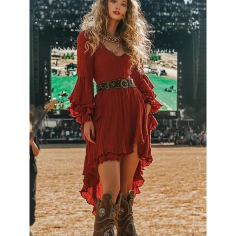 Cross-Border European and American Large Size Ruffled Floral Tassel Holiday Style Retro Solid Color Dress