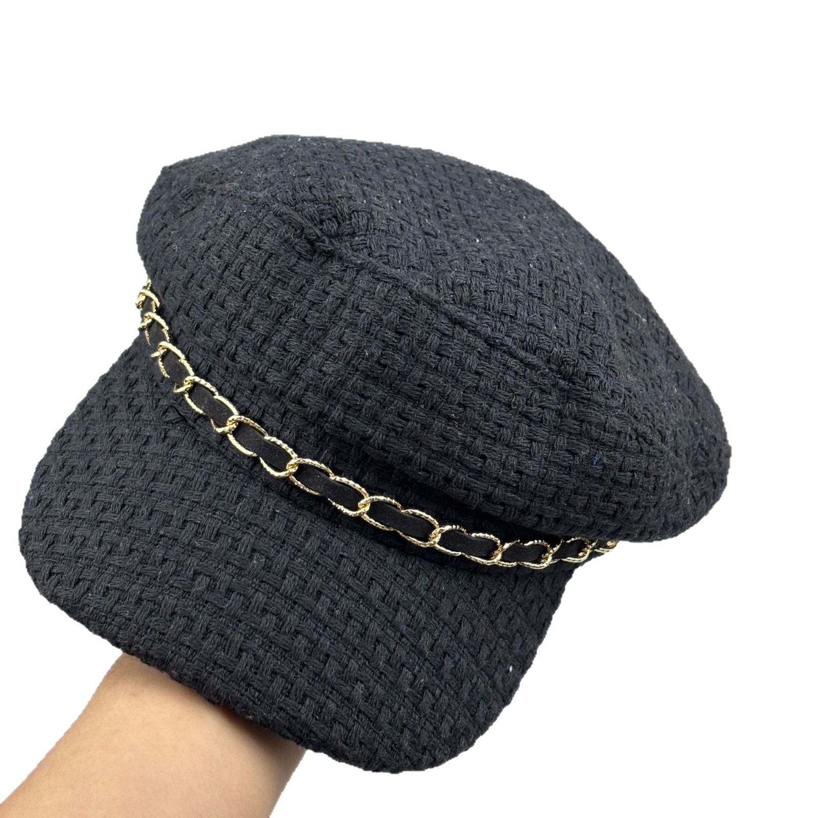 Retro British Style Women's Beret With Chain Flat Top Navy Hat_voghion.com