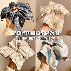 法式复古印花方巾发圈女2025新款高级感扎低马尾头绳气质百搭头饰