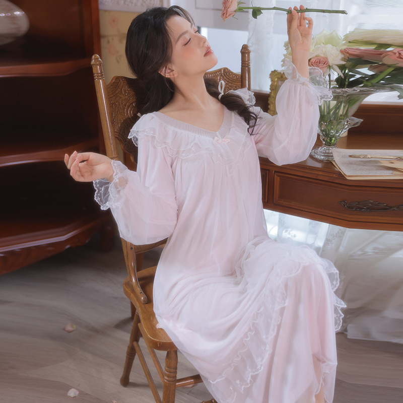 French Girly Style V Neck Ruffled Modal Mesh Long Nightgown with Lace Splicing Long-Sleeved Home Wear at the Hem