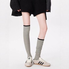 灰色过膝袜简约百搭细条纹长筒袜女款秋冬款撞色高筒袜子含羊毛