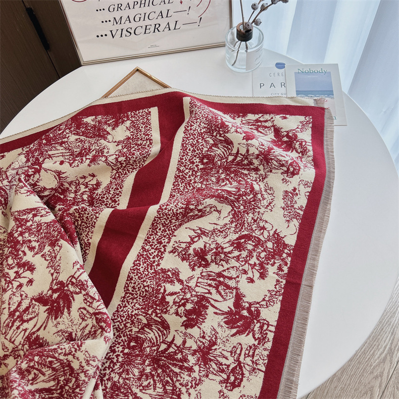 Sciarpa con frange in jacquard double face in stile etnico retrò autunno e inverno_voghion.com