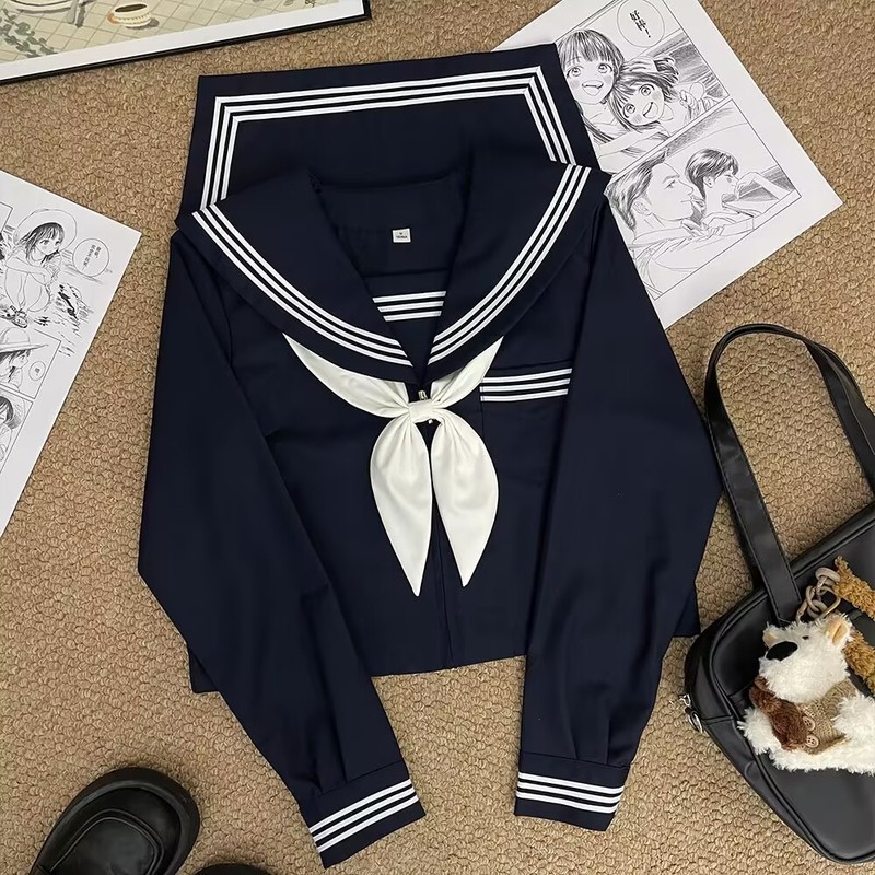 Jk制服ベースモデル改良白三本セーラー服合集長袖海軍襟学院風日系スーツ|undefined