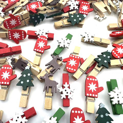 プロモーションクリスマス装飾木製クリップクリスマスツリー、手袋、鹿、雪花漫画クリスマス木製クリップ