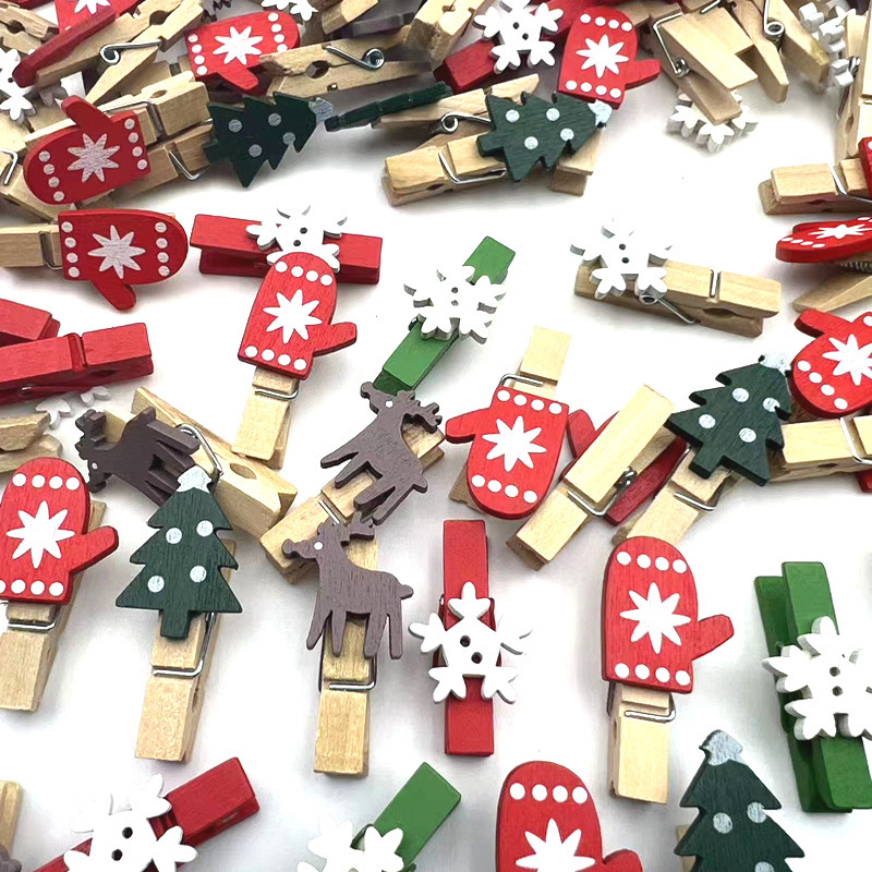 プロモーションクリスマス装飾木製クリップクリスマスツリー、手袋、鹿、雪花漫画クリスマス木製クリップ|undefined