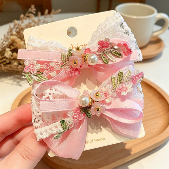 Horquilla con lazo de perlas de estilo coreano para niños, tocado de encaje simple para niñas, accesorios para el cabello con lazo, horquilla de encaje