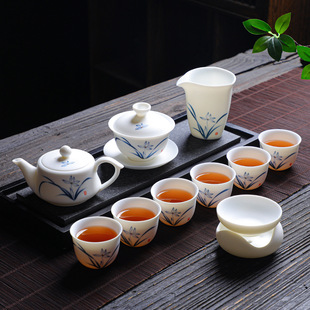 Sheep fat jade white porcelain kung fu tea set suit home hand-painted plain burning office tea maker high-end gift box printed LOGO