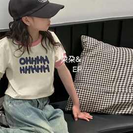 女童短袖t恤短款夏新款儿童洋气撞色上衣女孩中大童夏装圆领半袖