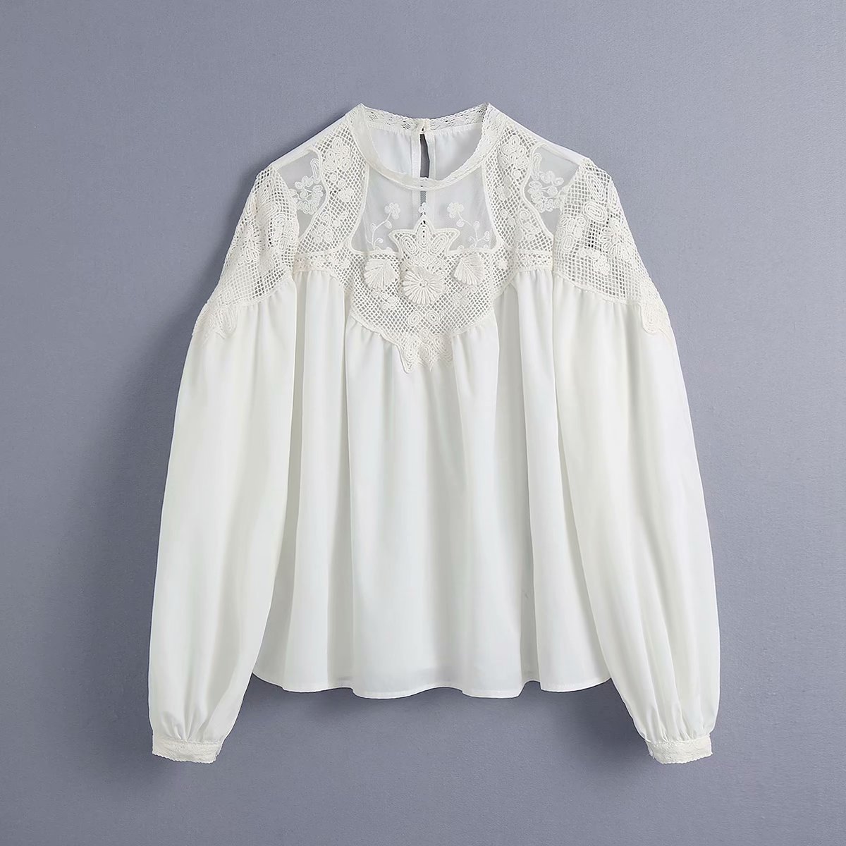 White round collar long sleeve mesh embroidery stitching blouse NSAM48900