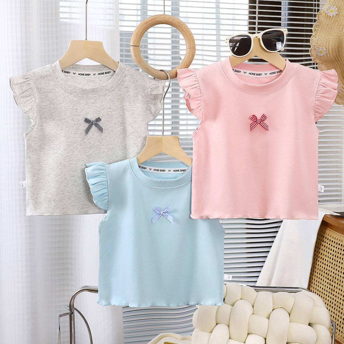 Girls' Flutter Sleeve Vest Summer Big Kids T-Shirt Princess Style Short Sleeve Versatile A-Class Korean Version Top Trendy