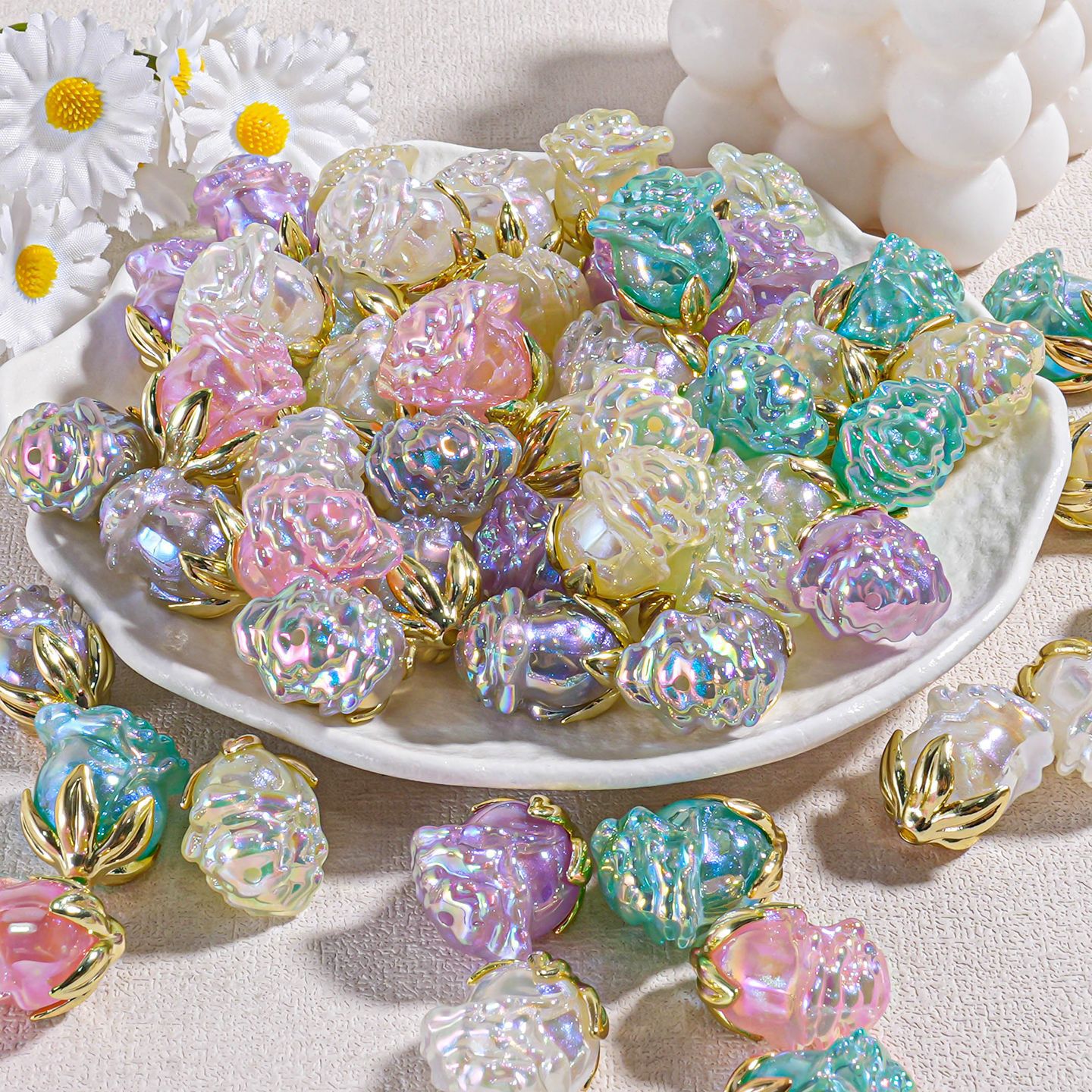 【Versión que brilla en la oscuridad, paquete de 6】Cuentas de Flores de Rosa con Destellos Finos de Sirena, Cuentas Sueltas para Manualidades, Material para Hacer Cadenas de Teléfono, Accesorios DIY