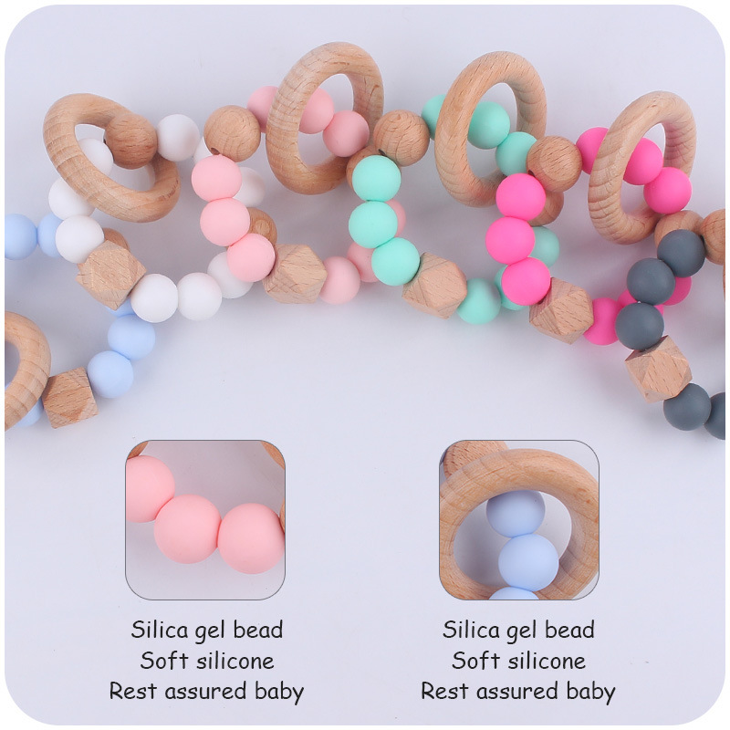 Nuevo bebé suministros de madera de haya anillo mordedor calmante bebé cuentas de silicona mordida molar pulsera mordedor juguete