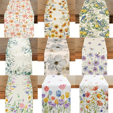 跨境新款春夏天花朵桌旗亚麻餐桌桌布隔热餐垫家用派对装饰桌巾