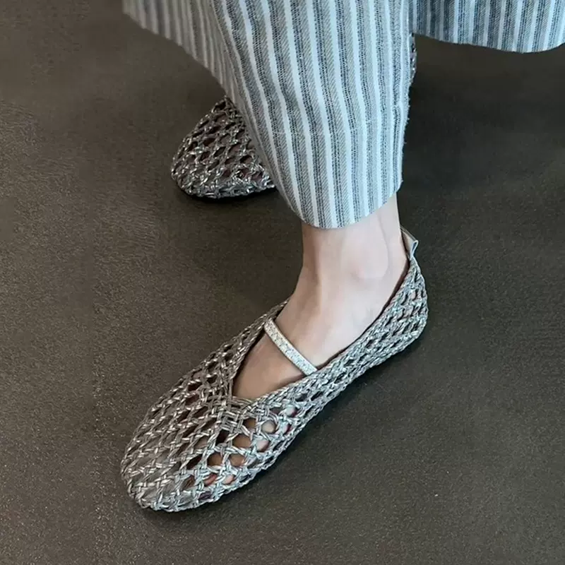 法式编织镂空透气小众平底凉鞋女夏季浅口一字带圆头单鞋玛丽珍鞋