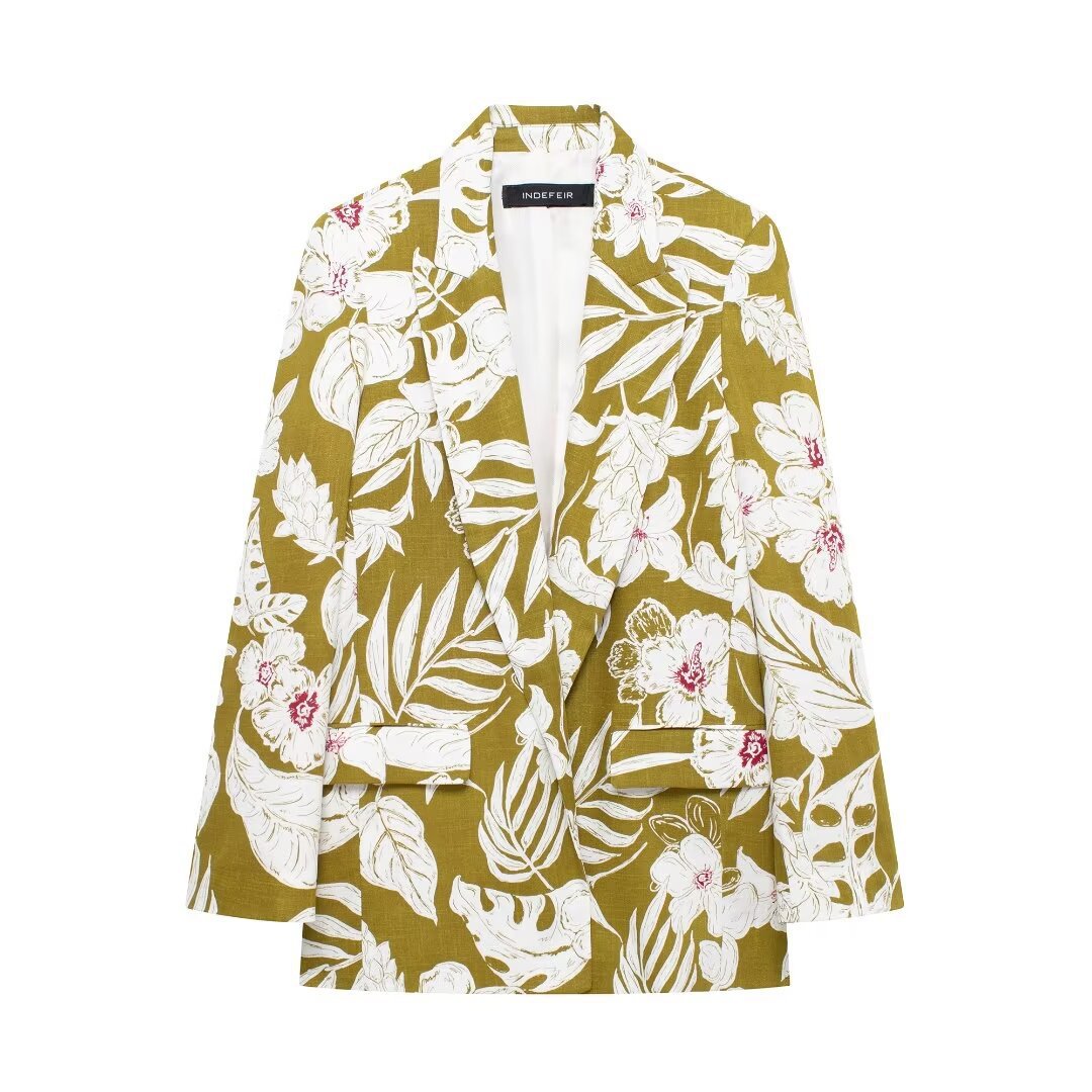 Women's linen blend flower print suit jacket pants dress set_voghion.com