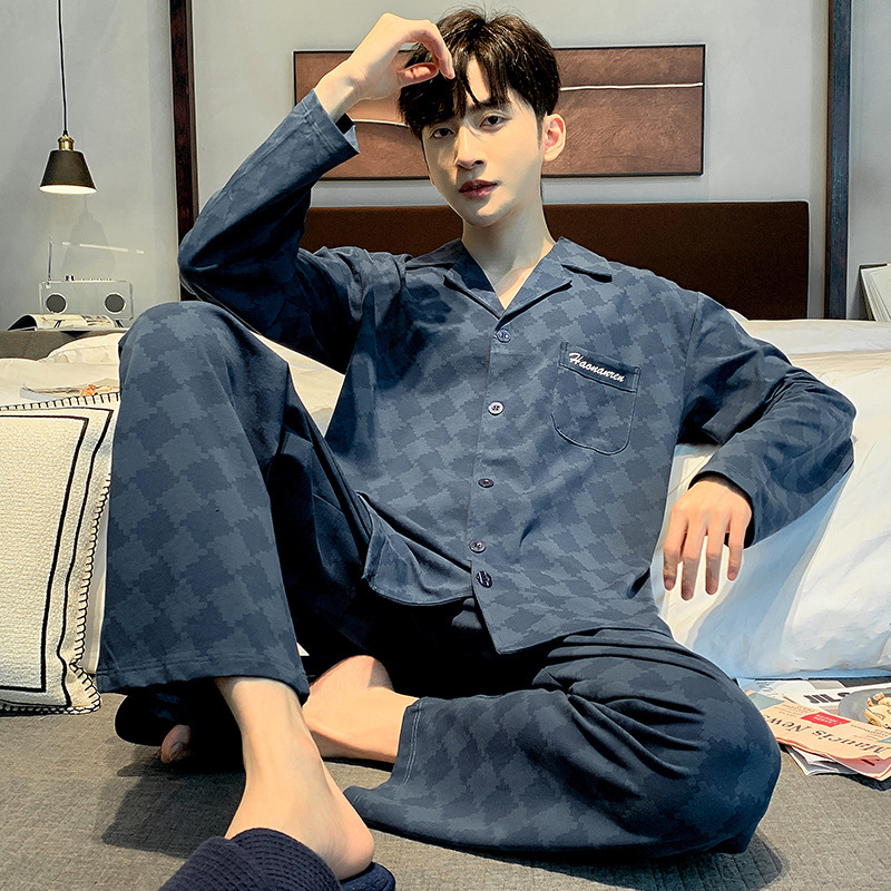 Men's pajamas Cotton Spring and Autumn long-sleeved suit Cardigan high-grade outer wear cotton plus size loose men's home wear