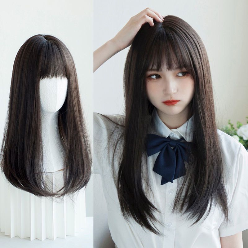 Wig Women's Medium Long Hair Clavicle Hair Air Bangs Natural Fluffy Short Hair Round Face Long Straight Hair Full Head Cover