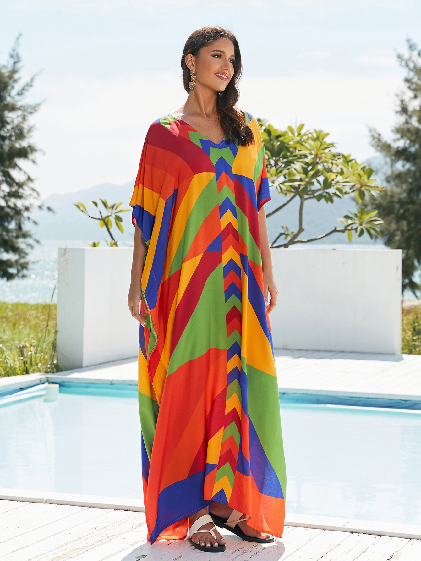 Rochie de plajă lungă kimono dama boho viscoză tie-dye_voghion.com