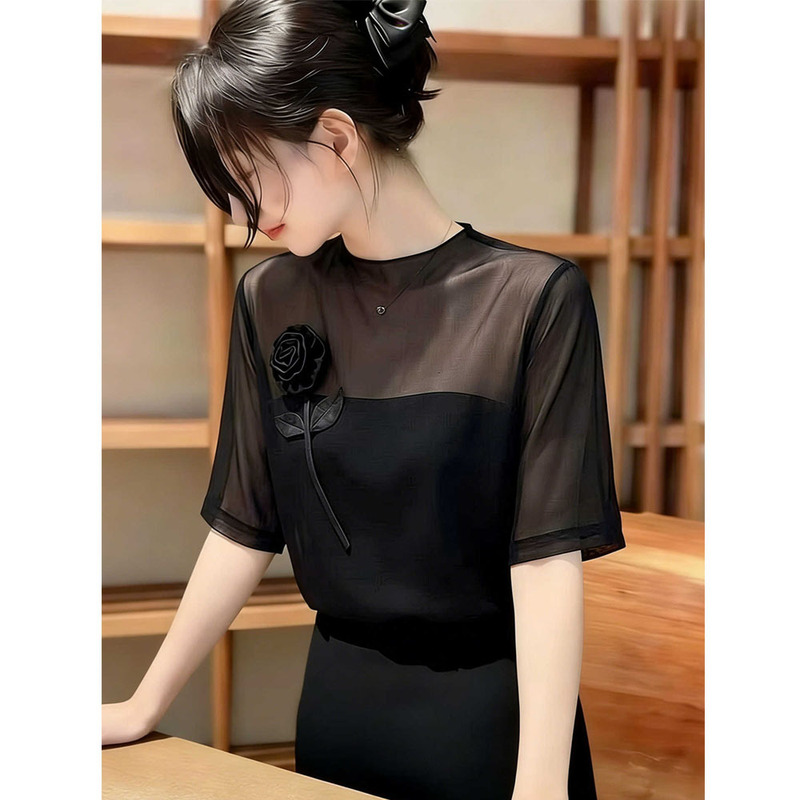 Lightly Mature Style Black Mesh Patchwork Short-Sleeve T-Shirt, Stunning and Elegant Outfit for Spring/Summer 2026, Slimming and Exquisite Top for Women