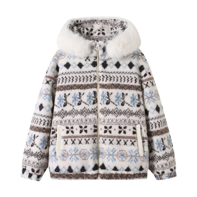 American Retro Fair Isle Lamb Wool Collar 90% White Duck down Jacket Couple's Loose-Fitting Autumn and Winter Warm Hooded Coat