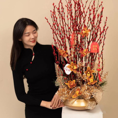 New Year Fortune Bucket & Basin: Wintergreen, Silver Willow, Lunar New Year Flower Arrangements, Flower Pots, Vases, and Stylish Metal Golden Ironwork "Hug Bucket" Flower Containers