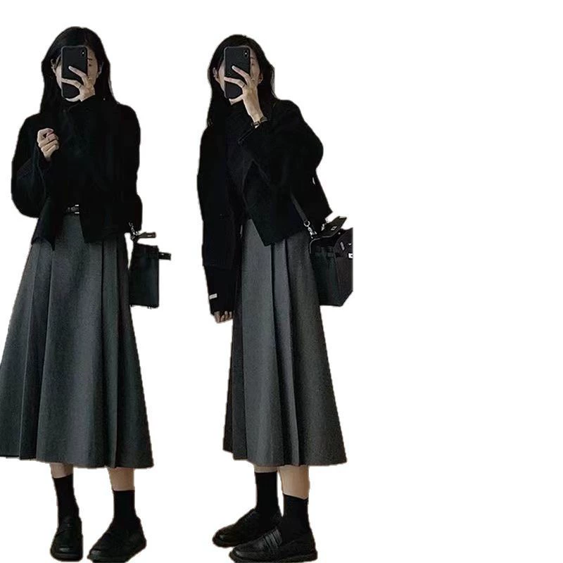 Демисезонный костюм jacket & skirt set, женская укороченная куртка и миди-юбка, наборы или отдельные предметы, размер S–3XL
