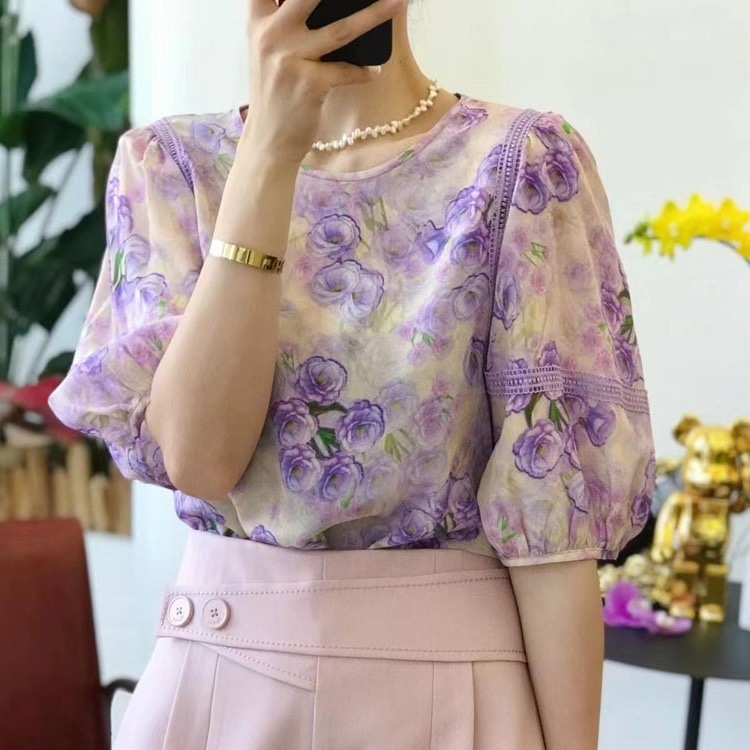 圆领蕾丝花边灯笼袖紫色印花宽松真丝上衣女法式浪漫优雅洋气小衫