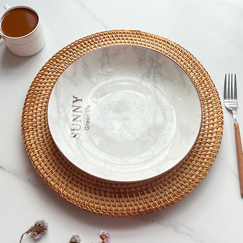 Nórdico hecho a mano ratán almacenamiento creativo hogar sala de estar café restaurante redondo cóncavo placa 33cm bandeja accesorios tiro