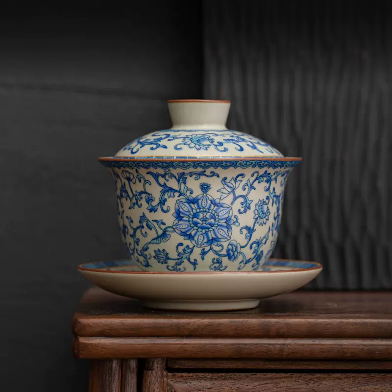 【支持代发】汝窑青花缠枝莲盖碗仿古三才盖碗泡茶碗功夫敬茶碗