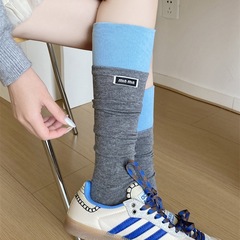 miu系拼色字母布标小腿袜子女ins复古高级感及膝堆堆袜日系长筒袜